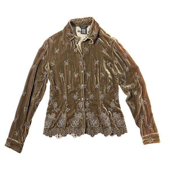 Vintage ECI Brown Velvet Floral Embroidered Eyelet Shirt Whimsigoth Fits Small - Picture 11 of 16